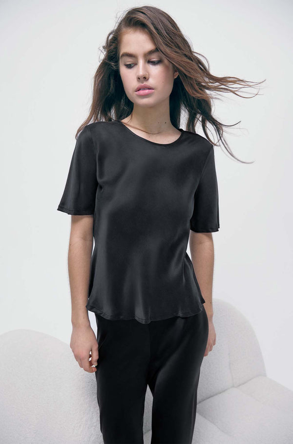 SHORT SLEEVE BIAS TOP BLACK