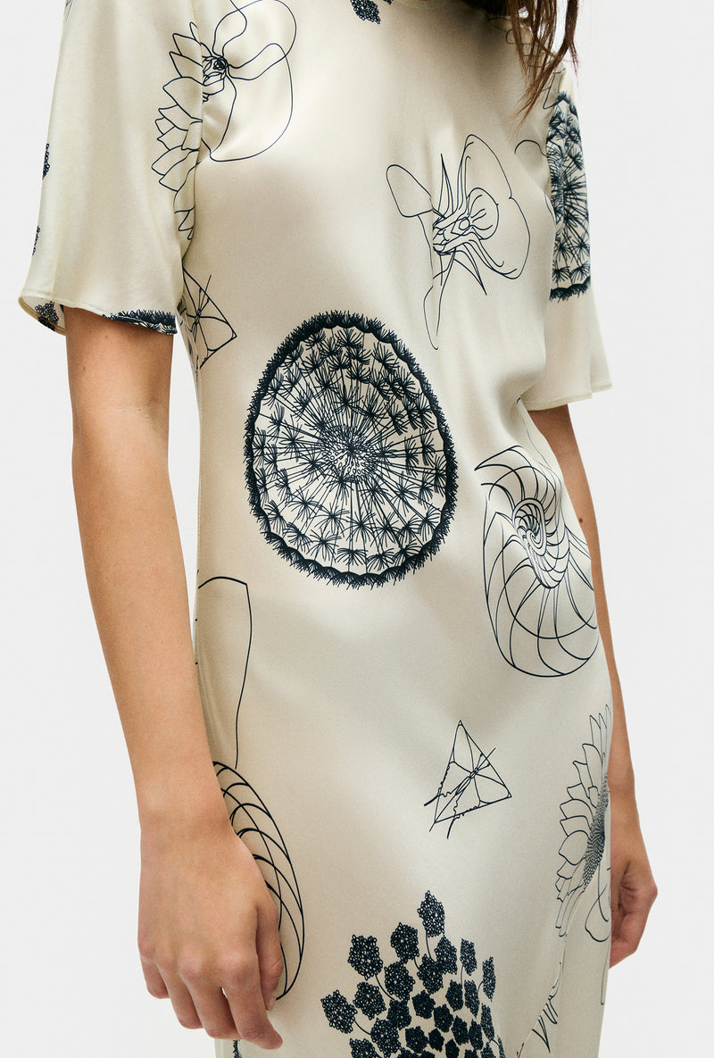 SHORT SLEEVE BIAS DRESS FIBONACCI OFF-WHITE