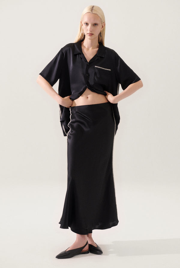 LONG BIAS CUT SKIRT BLANKET STITCH BLACK