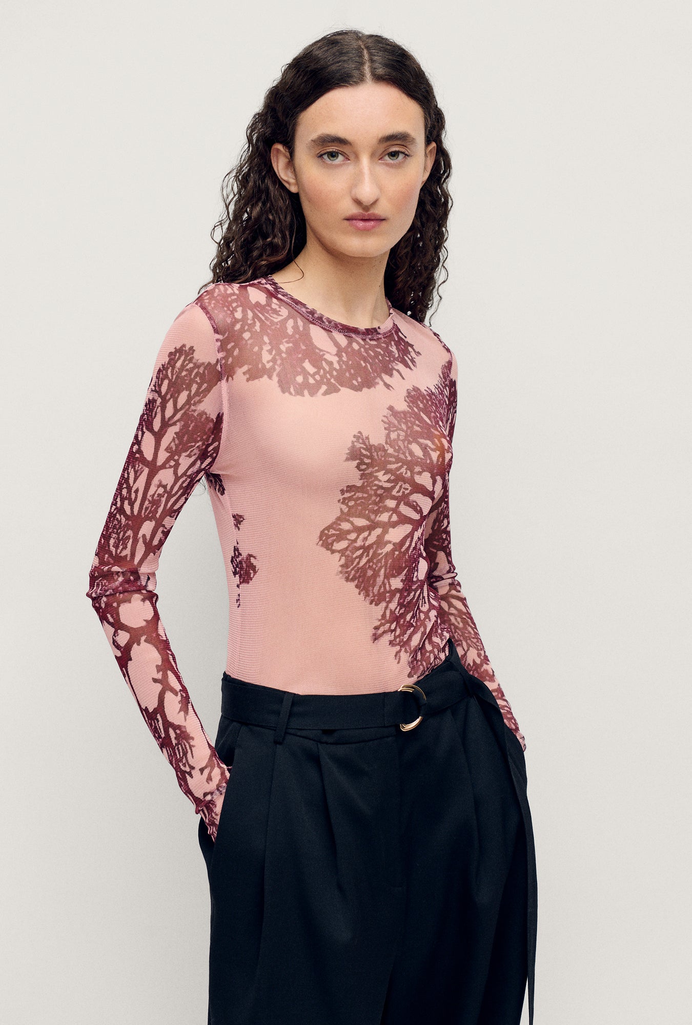 MESH LONG SLEEVE TOP PRESSED CORAL