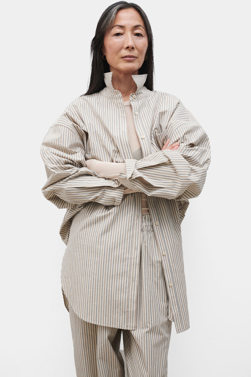 COTTON SILK ROUND SHIRT SLATE STRIPE